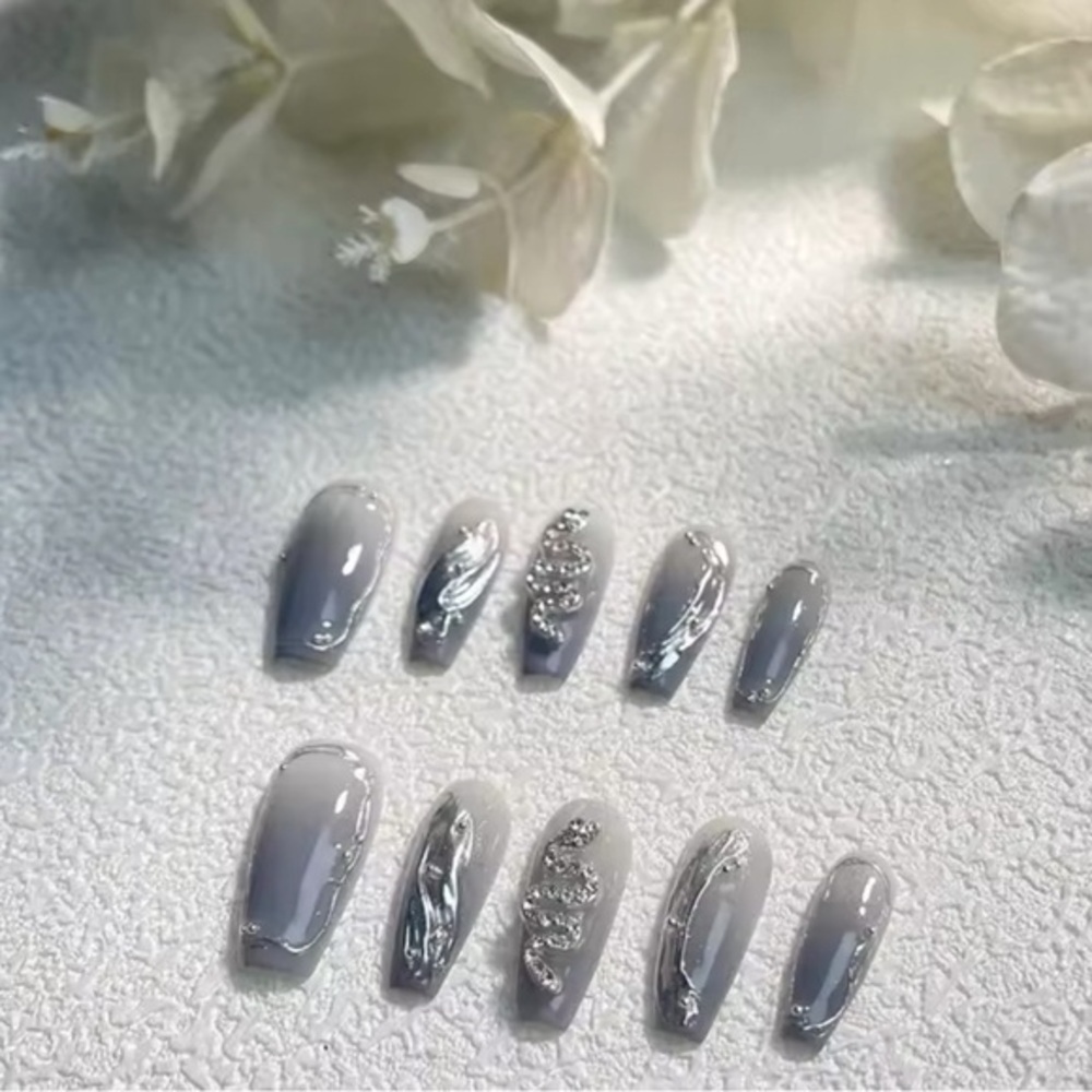 Handmade Silver Gray Square Almond Press On Nails Acrylic Design y2k Squoval